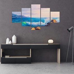 Obraz fal uderzających w klify, obraz olejny (125x70 cm)