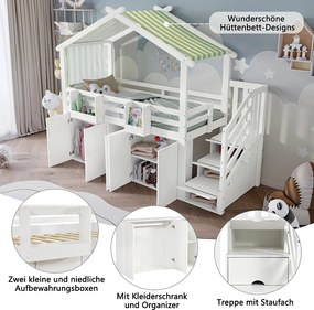 Łóżko antresola 90 x 200 cm z 1 szafą i 2 szafkami oraz 3 szufladami - Sosna + MDF + sklejka - Biały + zielony