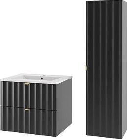 Czarny Zestaw Łazienkowy 60cm Szafka z Umywalką Słupek Ryflowane Fronty Arcos
