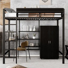 Łóżko antresola 90 x 200 cm z biurkiem, szafą i półkami do przechowywania - Żelazo + płyta wiórowa - dla dzieci - Czarne