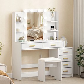 HOMCOM Toaletka z podświetlanym lustrem i tapicerowanym stołkiem, zestaw do makijażu z 6 szufladami i półkami, Biały | Aosom PL
