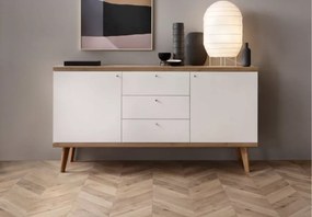 Komoda Bliwon 3-szuflady + półki 160 cm skandynawska dąb riviera/biały nowoczesna szafka drewniane nogi