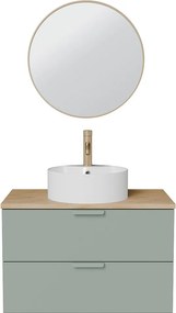 Wisząca szafka łazienkowa z okrągłą umywalką nablatową, baterią i lustrem – Szałwiowa zieleń – S80 cm – AVORELI