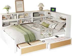 Łóżko-sofa z litego drewna 140x200cm - z 2 szufladami - z wieloma przegrodami do przechowywania - z portem ładowania - białe (bez materaca)