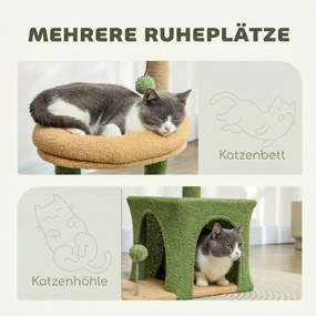 PawHut Drapak 98 cm wysoki drzewko dla kota z kryjówką, legowisko dla kota Wzór z liśćmi, słupki z juty, 2 piłeczki dla kotów do 5 kg | Aosom PL