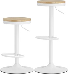 HOMCOM Stołki barowe 2 szt., regulowane, obrotowe 360° z ramą stalową i podnóżkiem 38,5x38,5x60-80 cm Drewno naturalne+Biały | Aosom PL