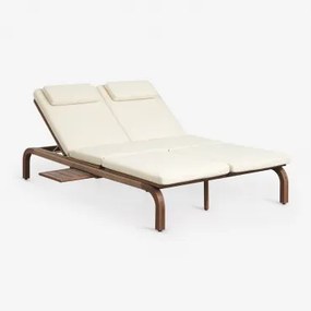 Podwójna Leżanka Rozkładana Z Drewna Akacjowego Z Poduszką Dubai Ciemny Akacjowy Brąz & Tkaniny Gardenia Biel - Sklum