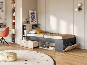 Łóżko z zagłówkiem,  ze skrzynią i szufladą - 90x190 cm - Kolor: naturalny i antracyt - LEANDRE