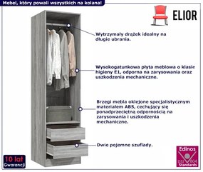 Wąska szafa z drążkiem i szufladami szary dąb - Uxaro 4X