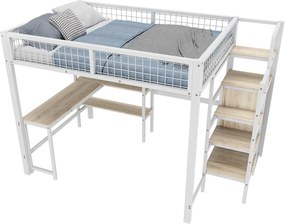 Łóżko mezzanine 140x200 cm - stalowa rama - z biurkiem i półkami - Białe