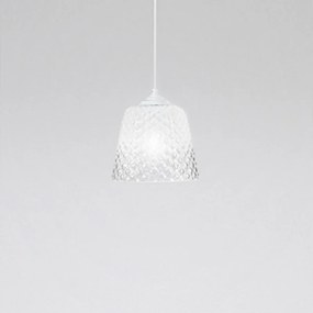Biały klosz szklany do lamp wiszących - wykończenie przezroczyste, wzór dekoracyjny, oprawka E27 (małe szkło) d.25X21,5