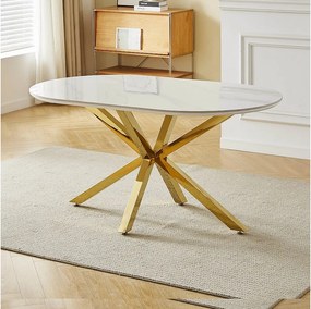 Stół jadalniany LUCIA – dla 6 osób – Blat z ceramiki w efekcie białego marmuru – Nogi z metalu w kolorze złotym