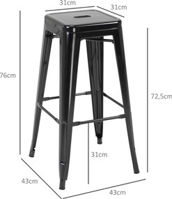 HOMCOM Zestaw 4 Stołków Barowych z Metalu, Do Użytku Wewnętrznego i Zewnętrznego, Składana Konstrukcja, Czarny