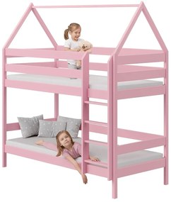 Różowe dziecięce łóżko piętrowe domek z 2 materacami K7-T27