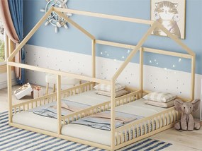 Łóżko dwuosobowe kabinowe - 2 x 90 x 200 cm - drewno sosnowe + MDF - kolor naturalny