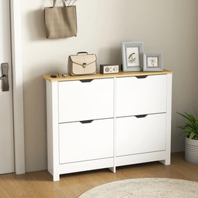 HOMCOM Wąska szafka na buty z 4 uchylnymi przegrodami, na 8–16 par butów, 105 x 26 x 80 cm, biały + naturalny | Aosom PL