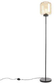 Designerska lampa podłogowa czarna z bursztynowym szkłem - QaraDesignerski Oswietlenie wewnetrzne