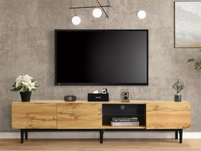 Szafka RTV 175 cm - 3 drzwi i półka szklana - diody LED - drewno MDF - kolor naturalny