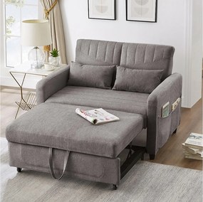 Szara sofa 2-osobowa - Sofa wypoczynkowa z funkcją rozkładania i dwiema poduszkami - Regulowane oparcie - Tkanina bawełniana i lniana