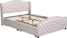 Łóżko dwuosobowe tapicerowane w skórze ekologicznej - 140x200cm - z 2 szufladami - Białe