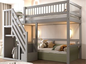 Łóżko mezzanine 90x200cm - ze schodami z miejscem do przechowywania - drewno lite + sklejka + MDF - Szary