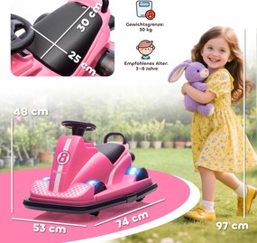 AIYAPLAY Autoscooter dla dzieci, obracany o 360 stopni, kierownica, światła LED, funkcja muzyczna, 3–8 lat, różowy