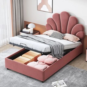 Łóżko ze schowkiem 90x200 cm - różowy aksamit - łóżko dziecięce z regulowanym zagłówkiem i stelażem - bez materaca