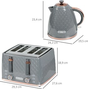 HOMCOM Zestaw kuchenny 2-w-1, toster i czajnik, wiele opcji, 1,7 L, 4 kromki tostów jednocześnie, plastik, Szary
