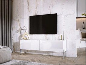 Szafka RTV: Biały Matowy / Biały Błyszczący, Nogi Chromowane, 140 x 52 x 32 cm