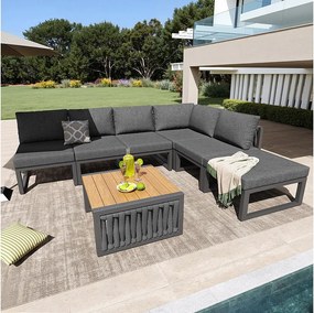 Salon ogrodowy, zestaw mebli, lin, na 5 osób - kanapa narożna - stolik kawowy i drewniany blat - z żelaza ocynkowanego, Szary