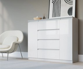 Komoda: Biała matowa / Biała błyszcząca, 120 x 39 x 101 cm, 2 drzwi, 4 szuflady