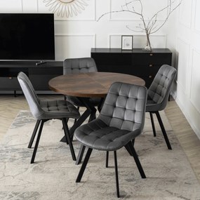 Zestaw Stół Okrągły Rozkładany LUKAS 100-250 cm Dąb Rustykalny/Czarny i 4 Krzesła Tapicerowane RICK Szare Welurowe Nowoczesne