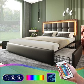 Łóżko dla dorosłych 140x200 cm, czarne PU, z regulowanym zagłówkiem i 4 szufladami, oświetlenie LED, bez materaca