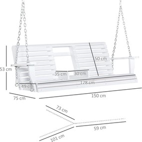 Outsunny 3-Seater Wooden Porch Swing Bench with Folding Coffee Table, Durable PU Coating, Chains Included, White