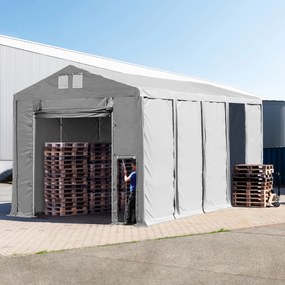 TOOLPORT 5x10m Namiot magazynowy - 3,6 m wysokość ścian bocznych z podciąganą do góry bramą, PVC 850, szary, ze statyką (podłoże betonowe) - (94022)