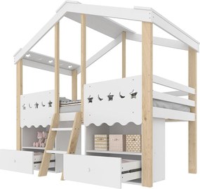 Łóżko górskie 90x200 cm - łóżko dziecięce z 2 szufladami i półkami, oświetlenie LED - białe + naturalne - materac nie jest wliczony w cenę
