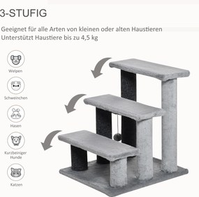 PawHut Drabinka dla Kota 3-stopniowa z Kratzami i Piłką, Drabinka dla Zwierząt dla Kotów do 5 kg Plusz Juta Szary 45 x 40 x 48 cm