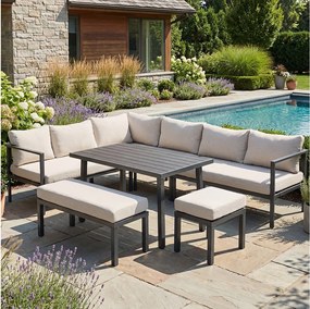 Duży Salon Ogrodowy 9 Osób ze Stołem Jadalnianym z Drewna Kompozytowego - Zestaw Kanapa Narożna, Ławka i Taboret - Stal Ocynkowana - Beżowy