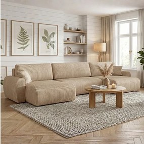 Stylowy narożnik rozkładany  ARIEL U 387x150x87 cm w tkaninie Velo 22 kremowej