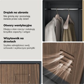 Szafka BHP ubraniowa, pracownicza, pojedyncza, 2 skrytki z drążkiem, antracytowa/orzech, 316,5x1850x450 mm: IGOR 1 Plus Eco Design