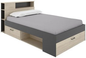 Łóżko z zagłówkiem  ze skrzynią i i szufladami - 120 x 190 cm - Naturalny i antracytowy - LEANDRE