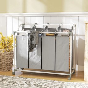 HOMCOM Kosz na pranie z 4 przegródkami 160 L z kółkami, wyjmowany worek na pranie, 97 x 38 x 81 cm, Szary