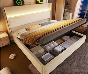 Łóżko z boxem pikowane 160x200 cm - z oświetleniem LED - z portami USB i Type-C - tkanina lniana - Beżowy (bez materaca)