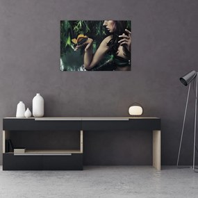Obraz na szkle pełnej wdzięku kobiety z motylem (70x50 cm)