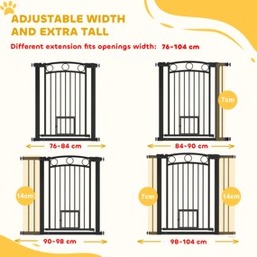 PawHut Bramka dla zwierząt, 96 cm, z regulowaną szerokością 76-104 cm, z drzwiczkami dla kota, do schodów i otworów drzwiowych, czarna