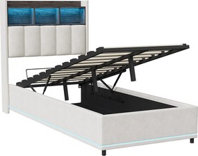 Łóżko 90x200 cm z białego aksamitu ze schowkiem podnoszonym gazowo, zagłówkiem z oświetleniem LED, portem USB/typu C i bocznym oświetleniem LED