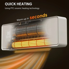 HOMCOM Montaż na ścianie 2000W ceramiczny grzejnik elektryczny, wentylator, termostat, timer, pilot, panel szklany, Biały