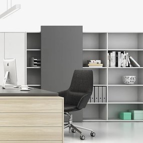 Regał biurowy z przesuwnym panelem BLOCK, 1600 x 400 x 1748 mm, dąb naturalny/grafitowa