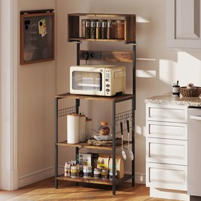HOMCOM Regał kuchenny, regał stojący z 5 hakami S, 5 półkami, gniazdko, stalowy, Rustykalny brąz, 60 x 42 x 153 cm