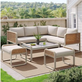 Zestaw ogrodowy, meble rattanowe dla 6-7 osób, narożna kanapa - ze stali ocynkowanej, regulowane nóżki, Beżowy
